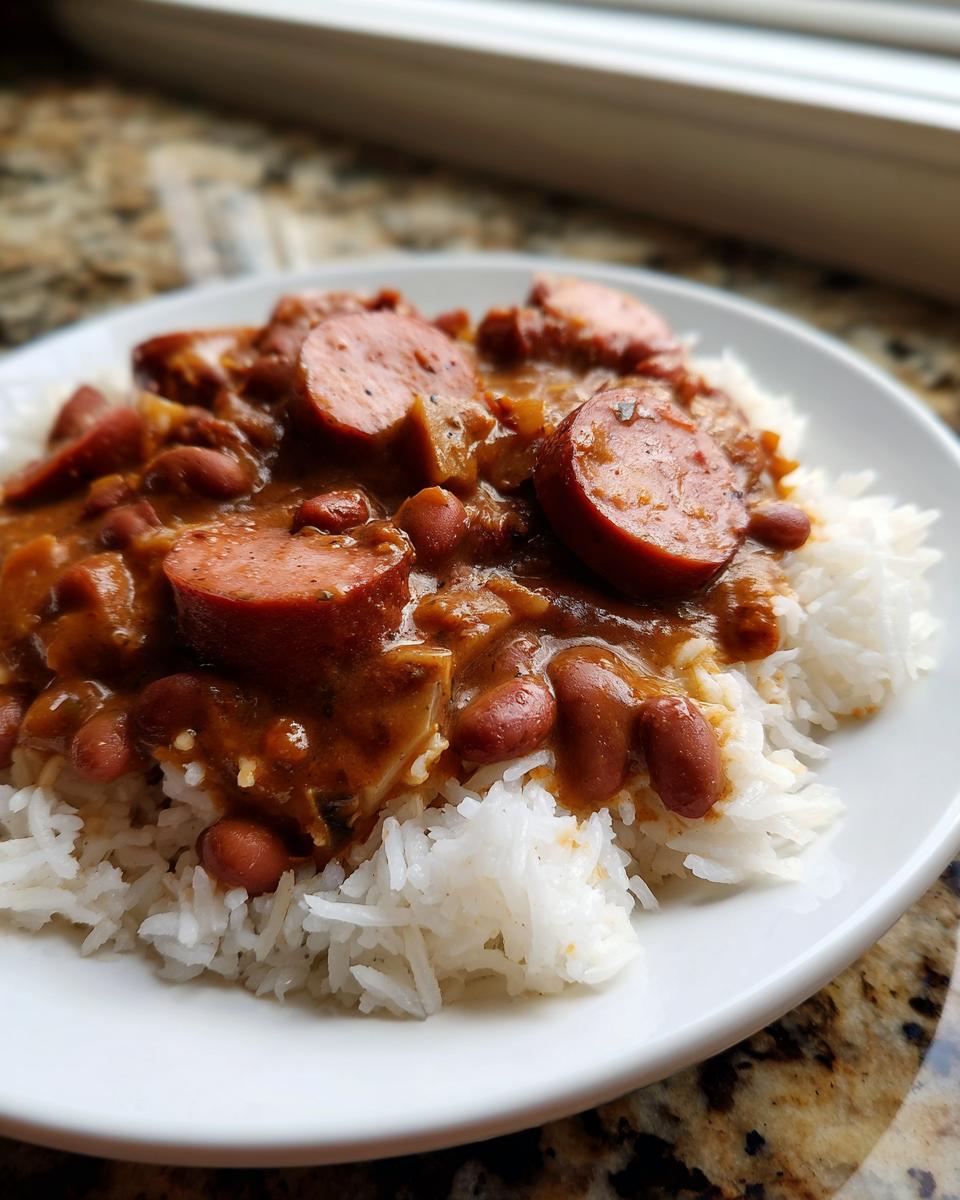 Close-up of amazing red beans and rice served over white rice, topped with sliced smoked sausage.
