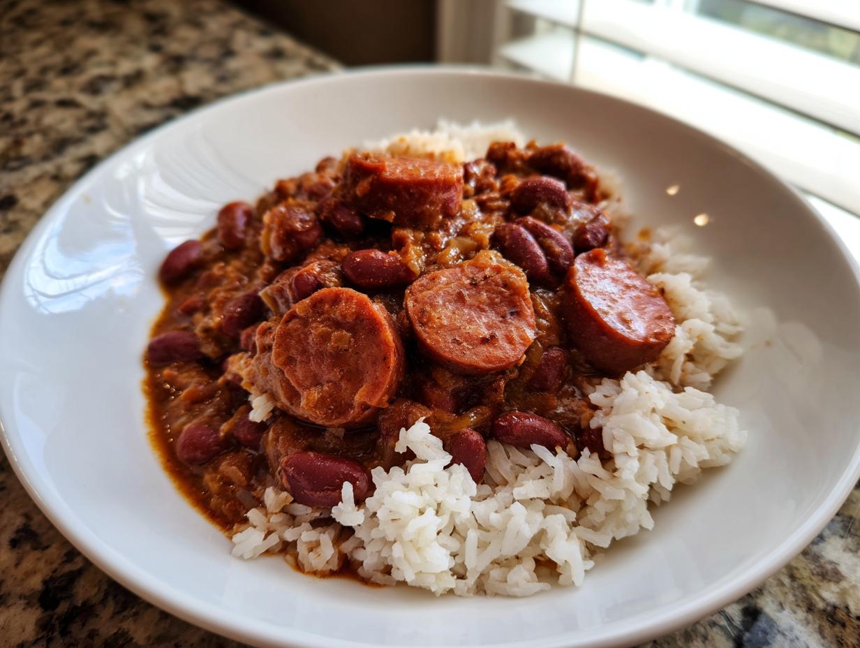 A white bowl filled with white rice topped with rich, savory red beans and rice and sliced andouille sausage.
