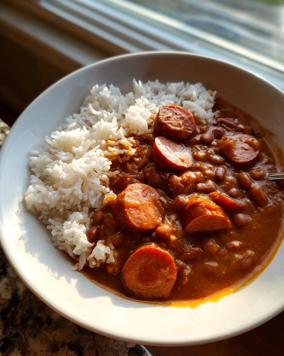 A bowl of rich red beans and rice topped with thick slices of smoked sausage, served next to white rice.