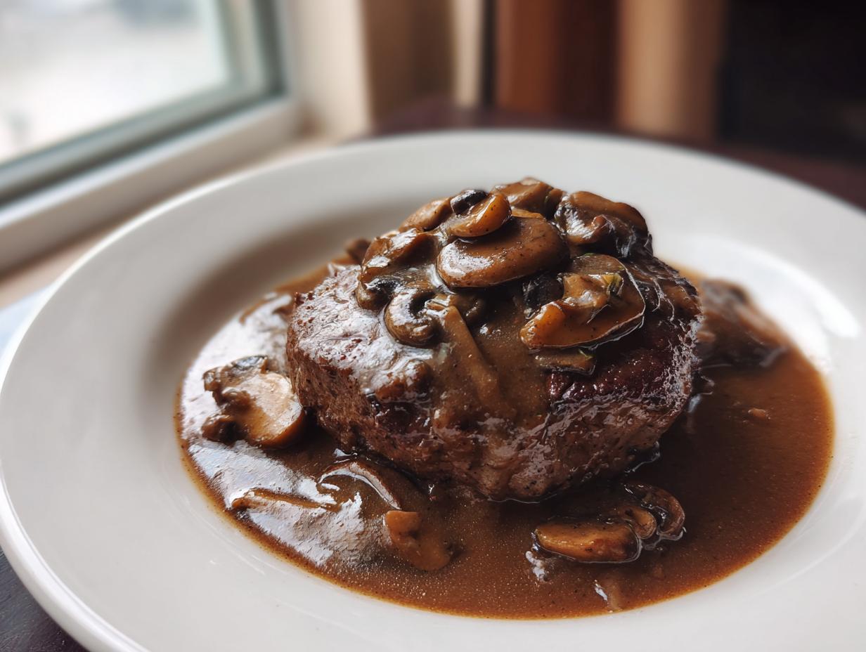 A thick, juicy Salisbury steak smothered in rich brown mushroom gravy on a white plate.