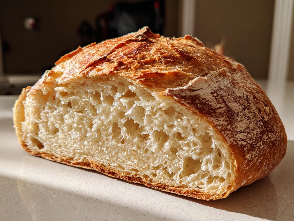 Close-up of a freshly baked loaf of bread cut in half, showing an open, airy crumb structure.