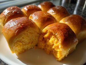 A plate of freshly baked, glossy sweet potato rolls, one broken open to show the bright orange, fluffy interior.