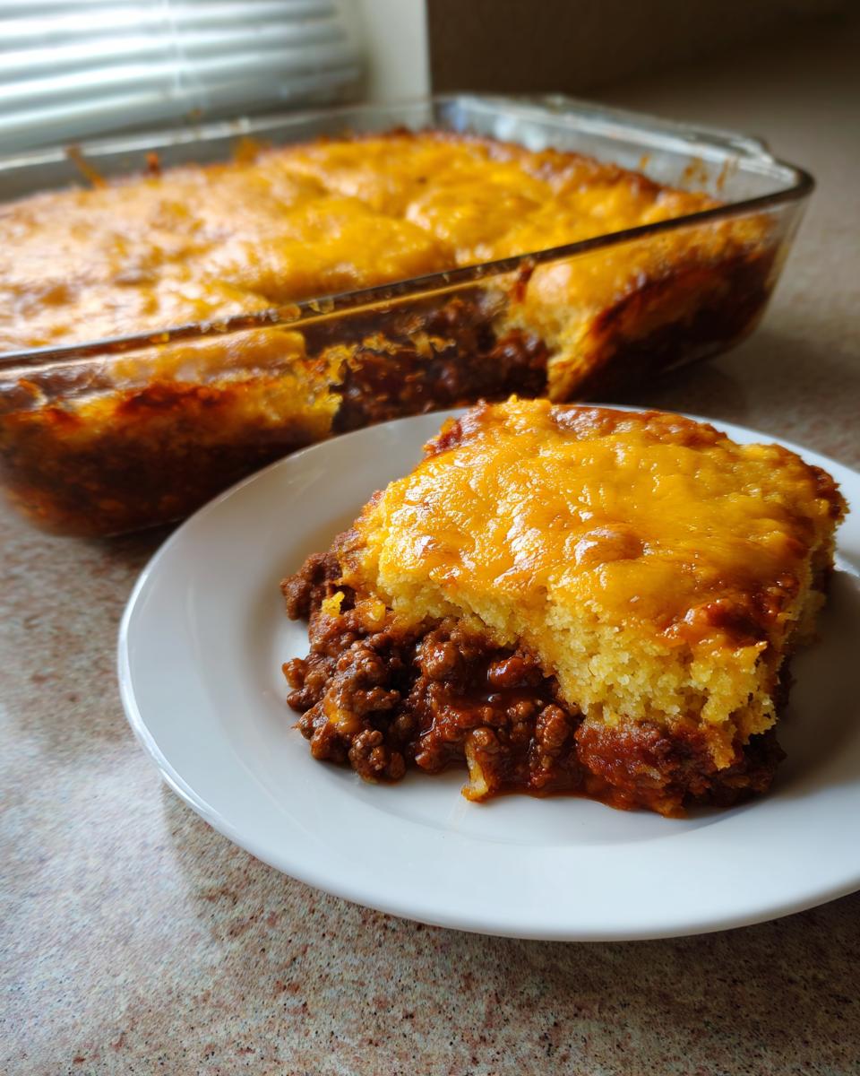A slice of amazing tamale pie featuring a savory meat base topped with cornbread and melted cheddar cheese.