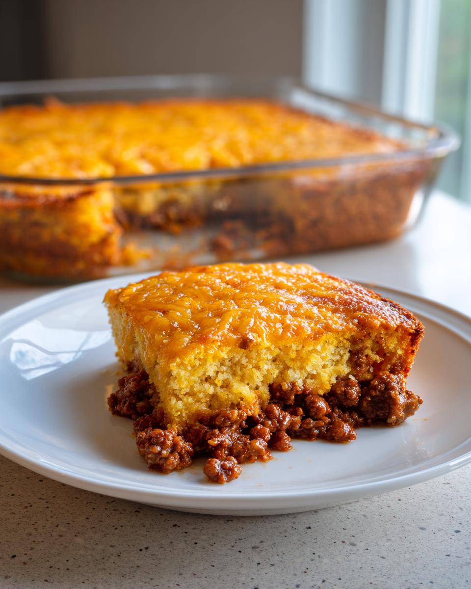 A generous slice of tamale pie showing the cornbread top, melted cheese, and savory meat filling.