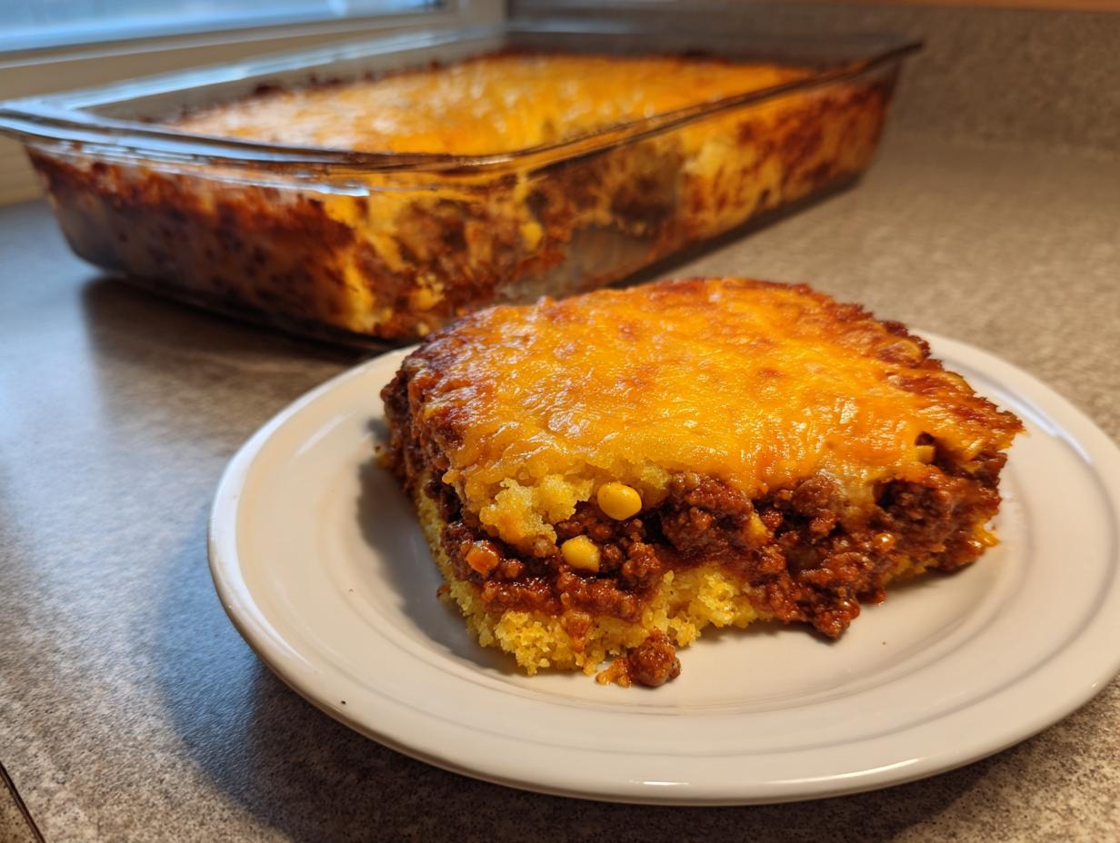A square slice of amazing tamale pie with a thick layer of chili and melted cheddar cheese on a white plate.