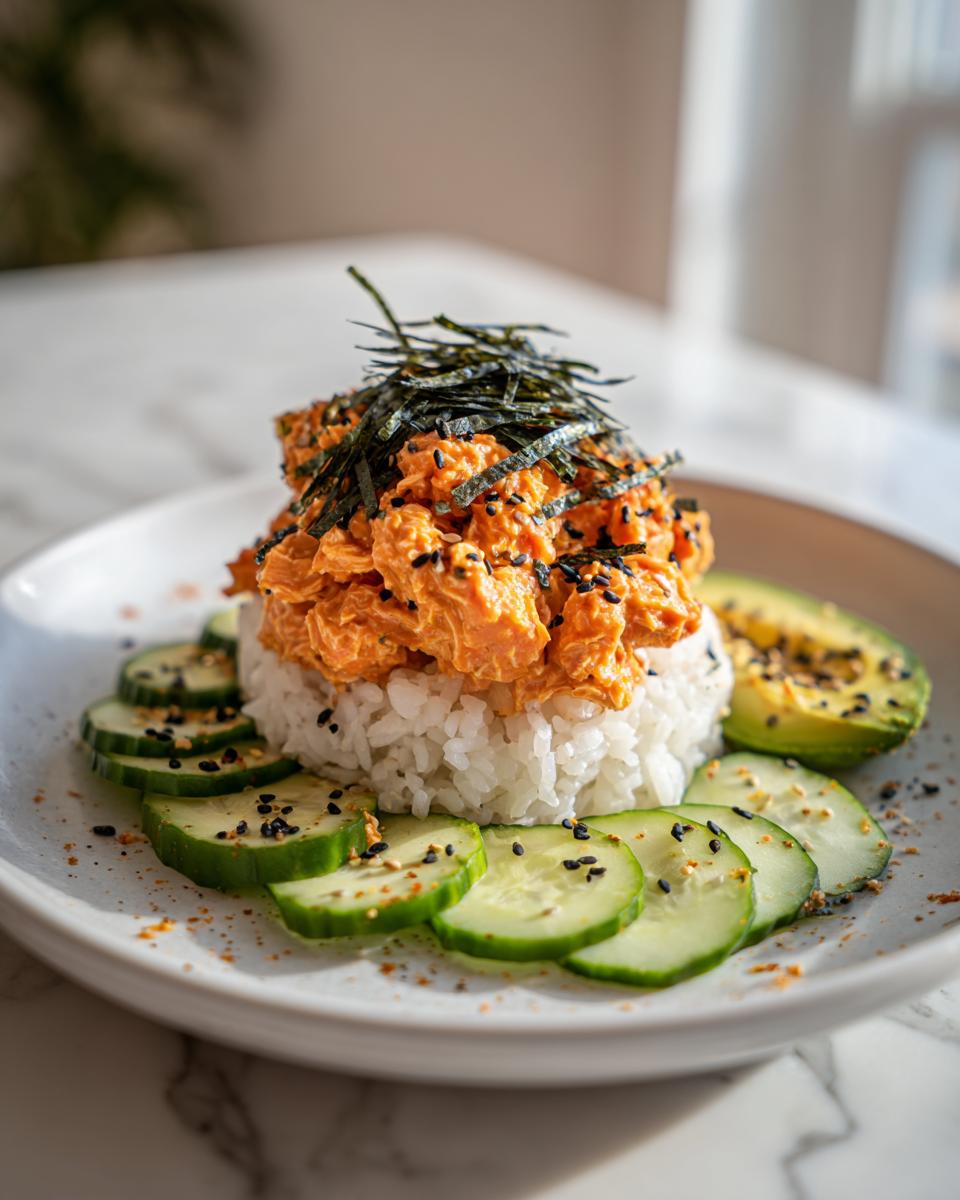 A serving of amazing tuna rice topped with spicy orange mixture, seaweed, and sesame seeds, surrounded by sliced cucumbers.