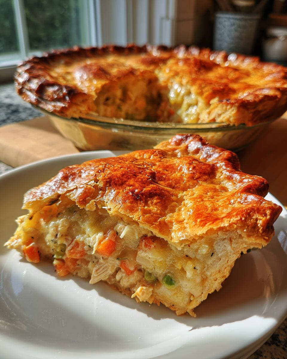 A close-up slice of amazing turkey pot pie showing flaky crust and creamy filling with turkey and vegetables.