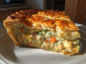A thick slice of amazing turkey pot pie showing creamy filling, vegetables, and a golden, flaky puff pastry crust.