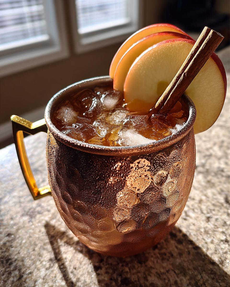 Close-up of an apple cider moscow mule cocktail in a hammered copper mug, garnished with apple slices and a cinnamon stick.