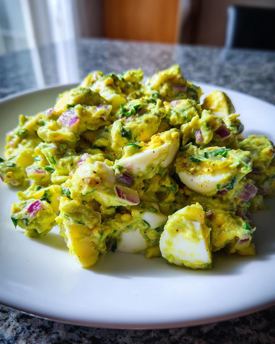 A close-up of creamy avocado egg salad featuring chunks of hard-boiled egg and diced red onion on a white plate.
