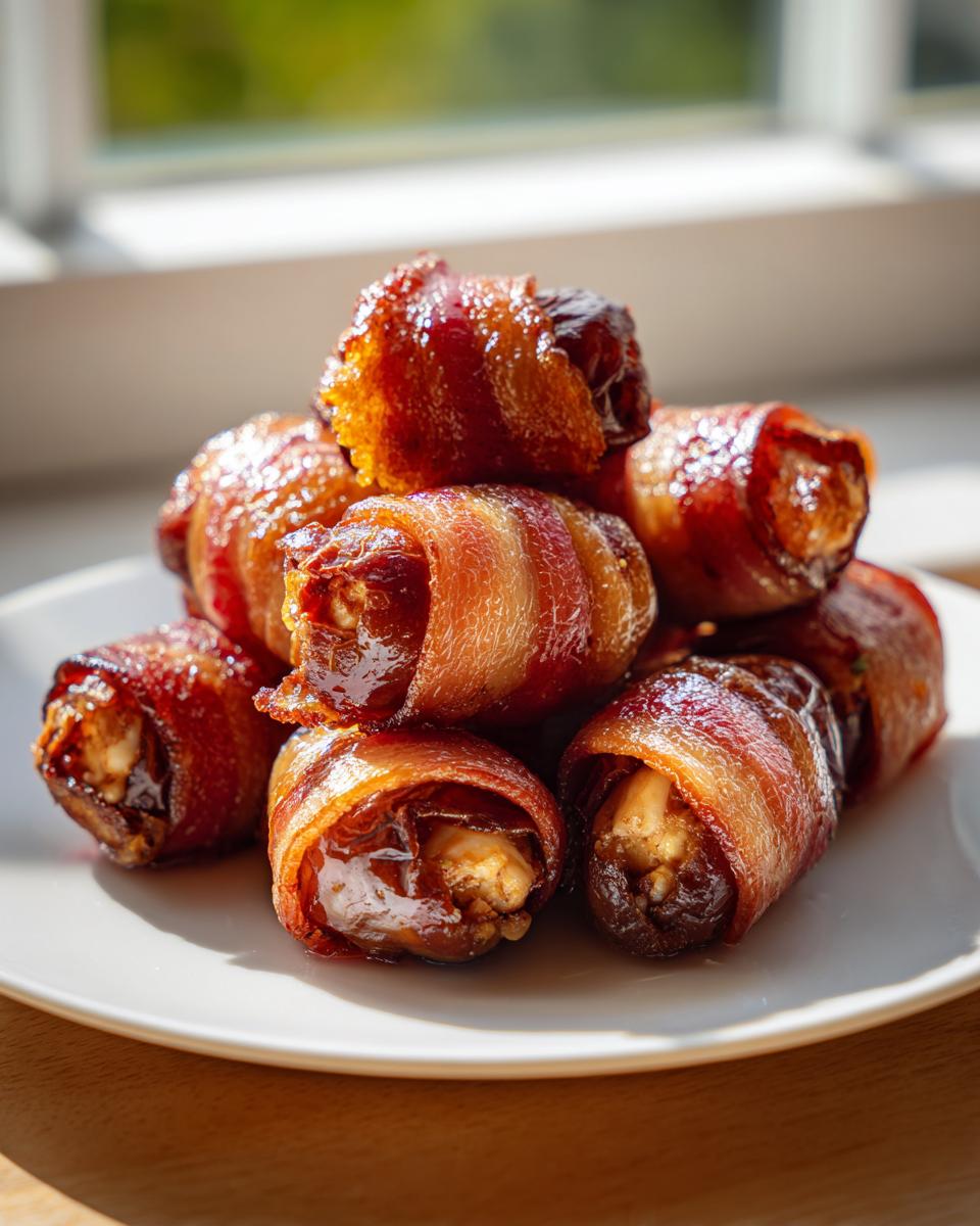 A stack of glistening, freshly cooked bacon wrapped stuffed dates piled high on a white plate.