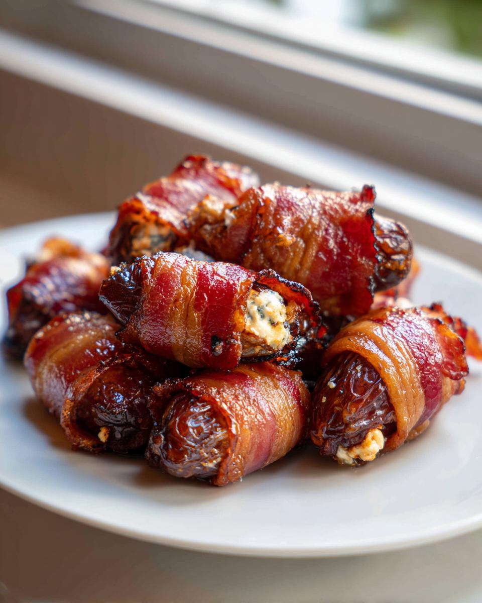 A pile of crispy, bacon-wrapped stuffed dates filled with cheese, ready to serve.