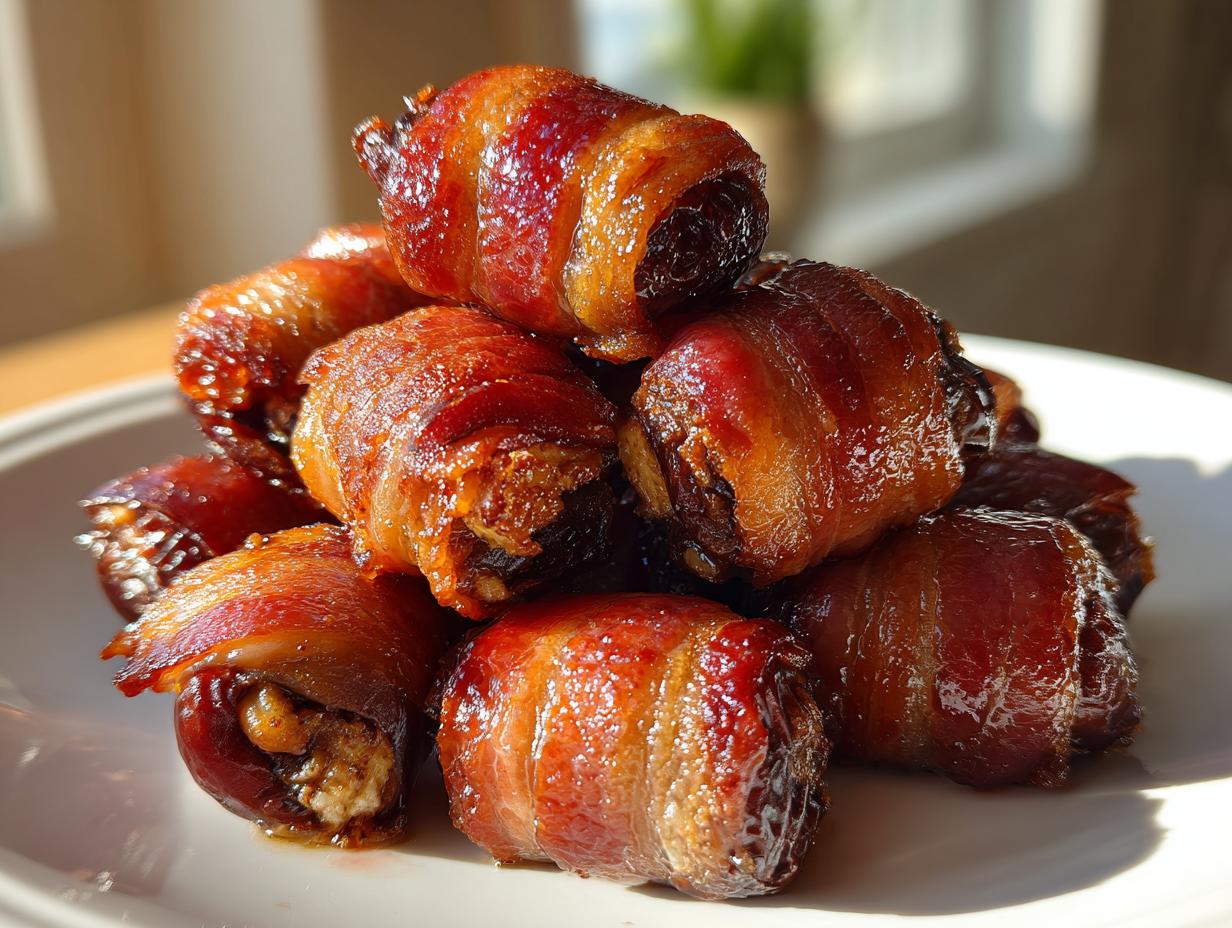 A close-up stack of glistening, caramelized bacon wrapped stuffed dates piled on a white plate.