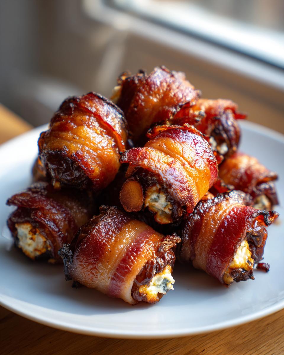A pile of crispy, bacon-wrapped stuffed dates filled with cheese on a white plate.