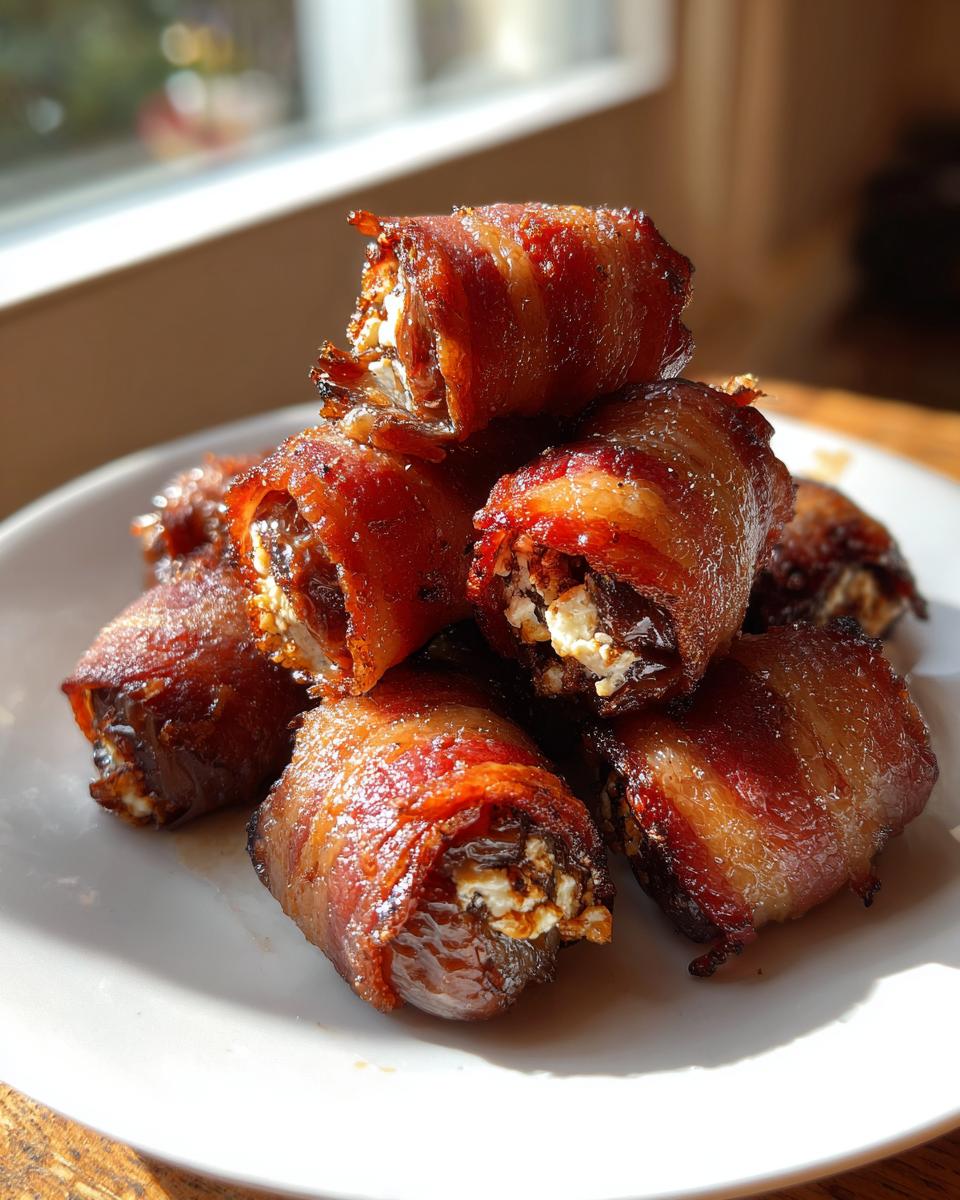 A stack of crispy, bacon-wrapped stuffed dates filled with white cheese, ready to serve.