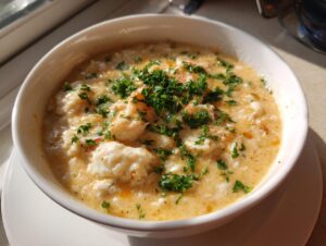 Close-up of a hearty bowl of creamy crab soup loaded with chunks of white crab meat and topped with fresh parsley.