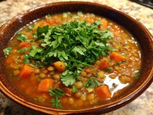 Close-up of a hearty bowl of best lentil soup, rich in color and topped with fresh parsley.
