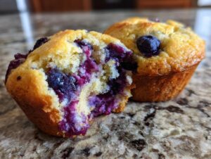 Close-up of a delicious blueberry protein muffins, with one muffin broken in half showing the moist interior filled with blueberries.