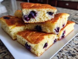 Stack of golden-brown blueberry sheet pan pancakes, cut into squares, showing fluffy interior.