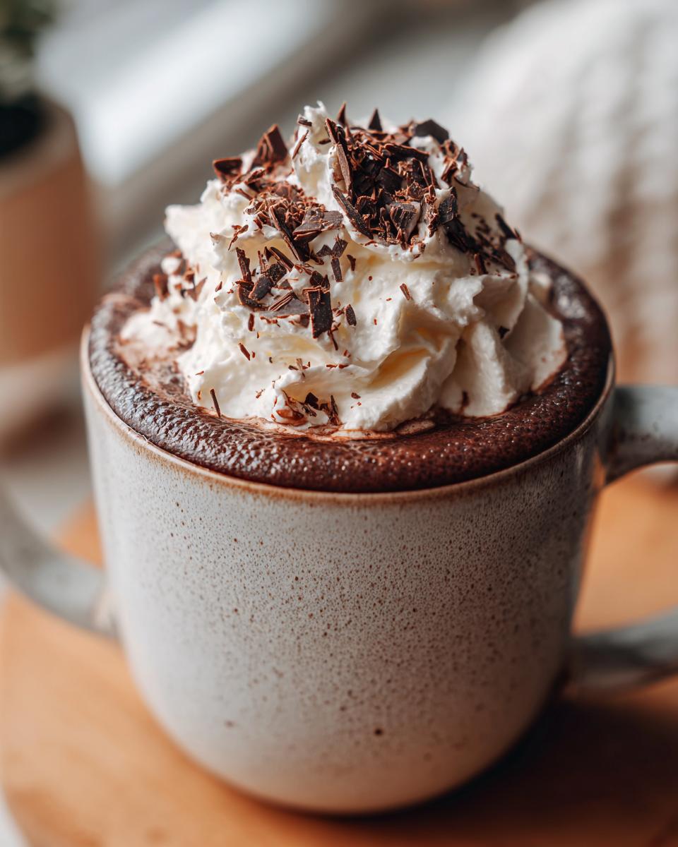Close-up of a mug of rich boozy hot chocolate topped with whipped cream and chocolate shavings.