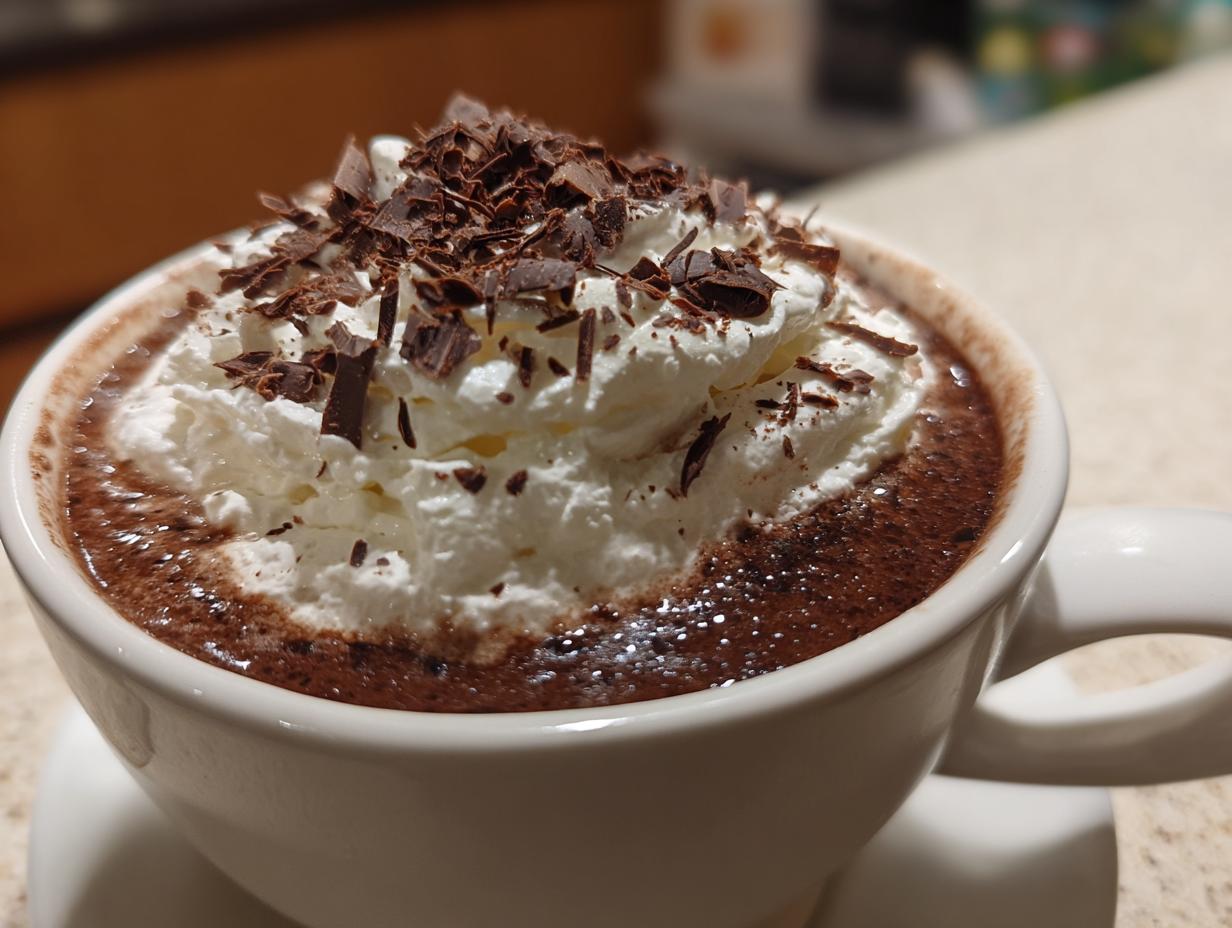 Close-up of a decadent boozy hot chocolate topped with whipped cream and dark chocolate shavings in a white mug.