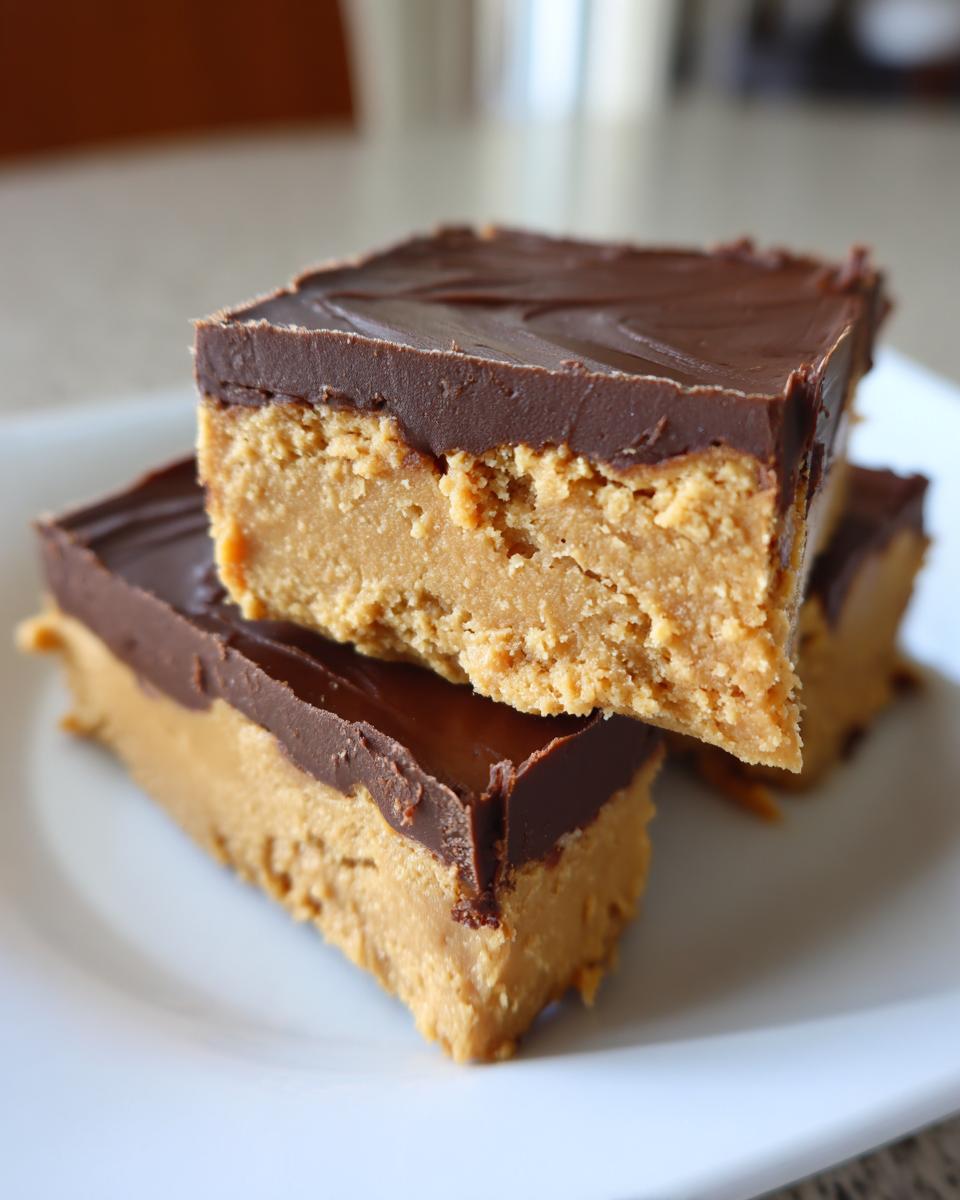 Two stacked squares of rich buckeye fudge featuring a thick peanut butter base topped with a layer of melted chocolate.