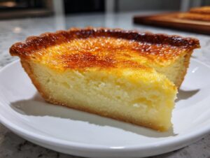 Close-up of a slice of golden-brown buttermilk pie showing its creamy, set texture.