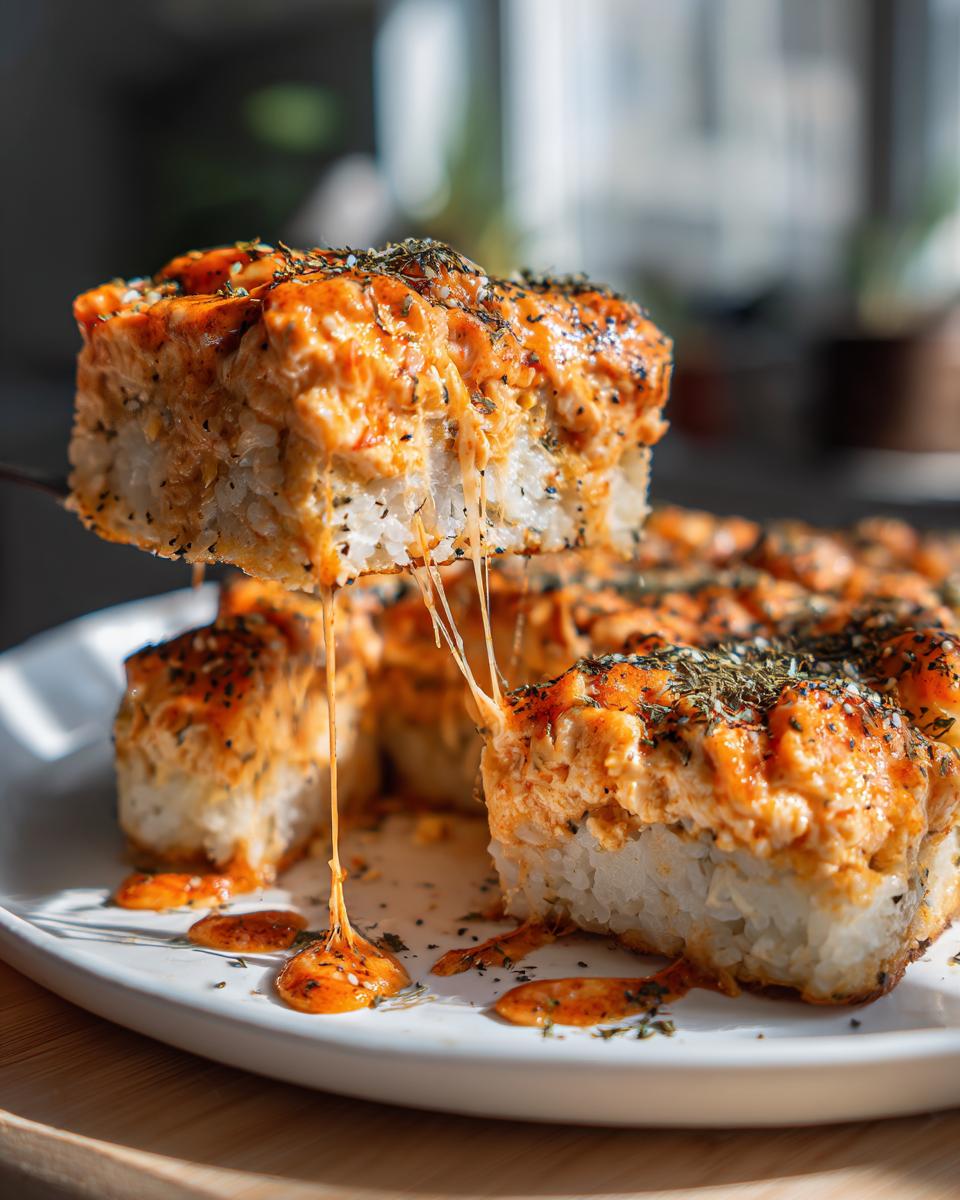 A slice of creamy, cheesy sushi bake is lifted, showing long cheese pulls over the remaining casserole.