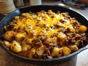Close-up of Cheesy Taco Potatoes baked in a cast iron skillet, topped with melted cheddar cheese and seasoned ground beef.
