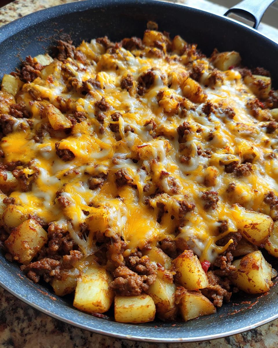 Close-up of Cheesy Taco Potatoes cooked in a skillet, topped with melted cheddar and Monterey Jack cheese over seasoned ground meat and potatoes.
