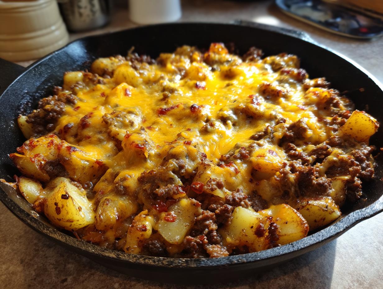 Close-up of Cheesy Taco Potatoes baked in a cast iron skillet, topped with melted cheddar cheese and seasoned ground beef.