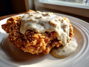 Close-up of a crispy, golden brown chicken fried steak smothered in creamy, black pepper-flecked gravy.
