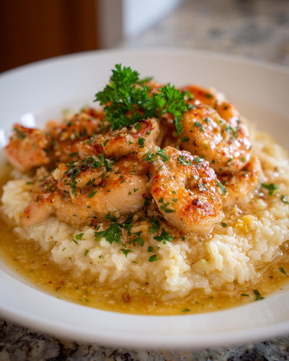 Close-up of juicy chicken scampi served over creamy garlic parmesan rice, topped with fresh parsley.