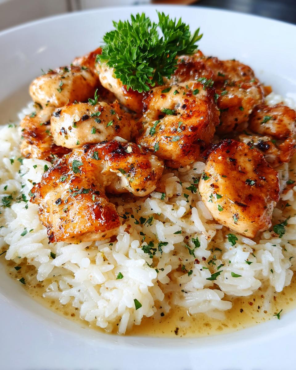Close-up of golden-brown chicken scampi pieces served over creamy garlic parmesan rice, garnished with parsley.