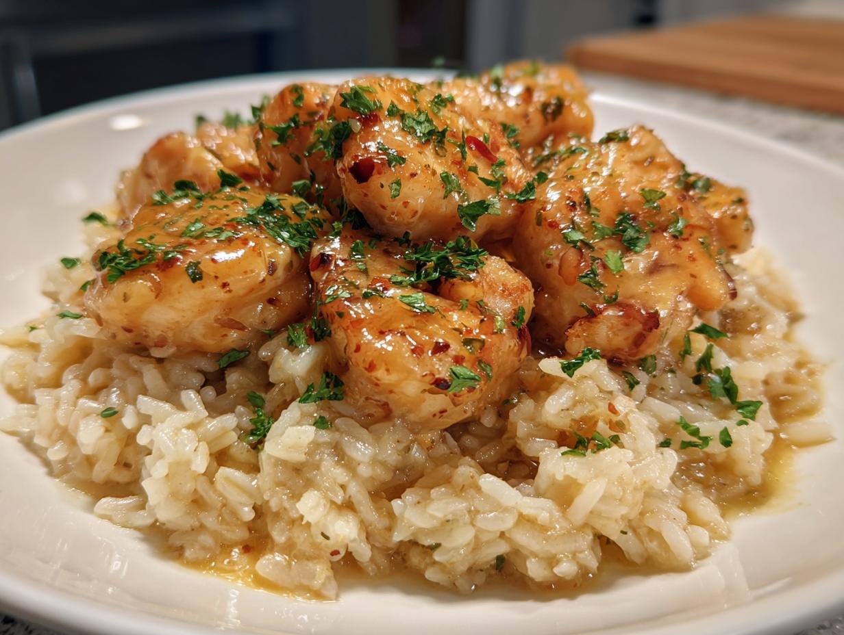 Close-up of glossy chicken scampi served over creamy garlic parmesan rice, garnished with parsley.