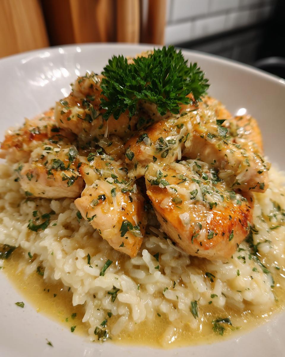 Close-up of tender chicken scampi pieces served over creamy garlic parmesan rice, garnished with parsley.
