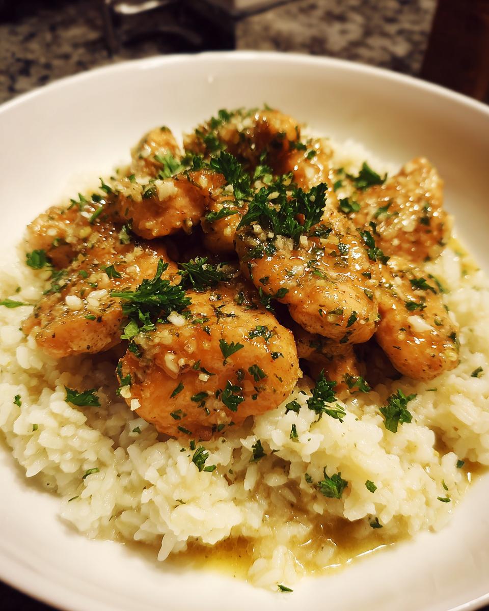 Close-up of chicken scampi with garlic parmesan rice, topped with fresh parsley.