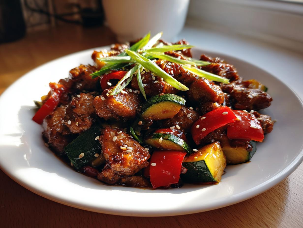 A plate of glossy chicken zucchini stir fry featuring chunks of chicken, zucchini, and red peppers, garnished with green onions.