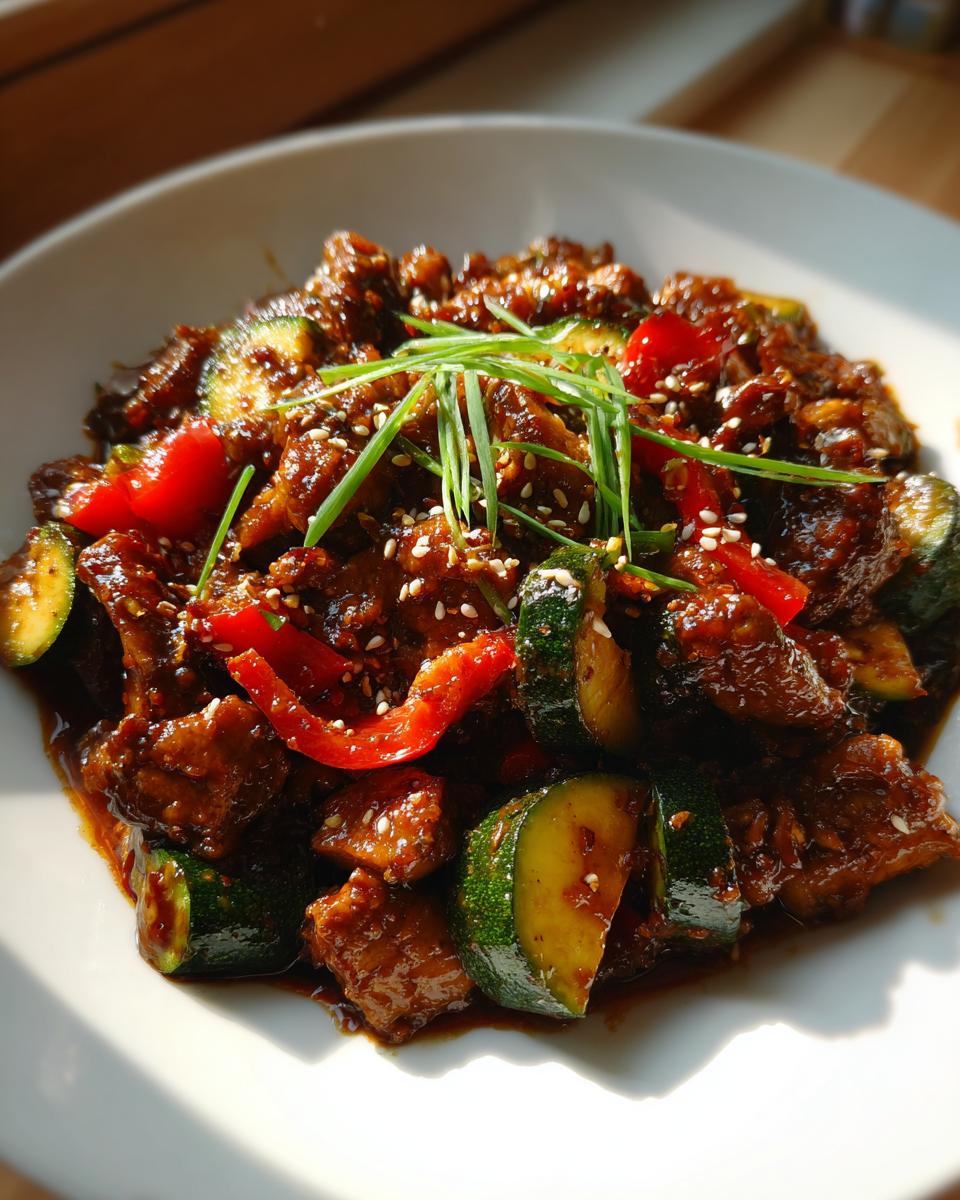 Close-up of savory chicken zucchini stir fry coated in dark sauce, garnished with sesame seeds and green onions.