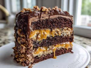 A decadent slice of chocolate caramel toffee crunch cake showing rich chocolate layers and oozing caramel filling.