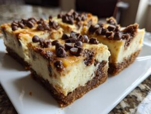 Close-up of four squares of rich chocolate chip cheesecake bars with a thick graham cracker crust.