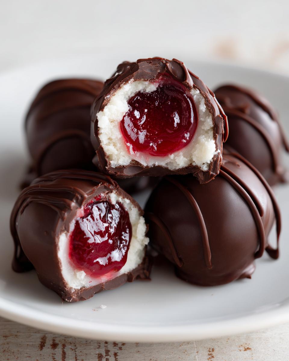 Close-up of homemade chocolate covered cherries, one cut open showing the white filling and bright red cherry center.