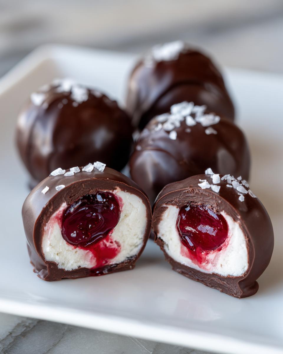 Close-up of cut chocolate covered cherries showing a creamy white filling and a bright red cherry center, topped with sea salt.
