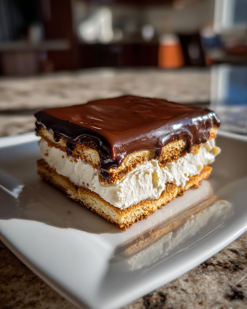 A square slice of chocolate eclair cake featuring layers of graham crackers, creamy filling, and rich chocolate glaze.