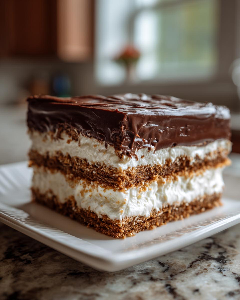 A tall, layered slice of chocolate eclair cake featuring graham cracker crust, creamy filling, and thick chocolate frosting.