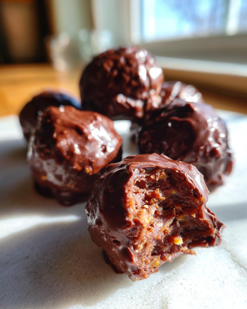 Close-up of chocolate-covered pecan pie balls, one with a bite showing the textured, nutty interior.