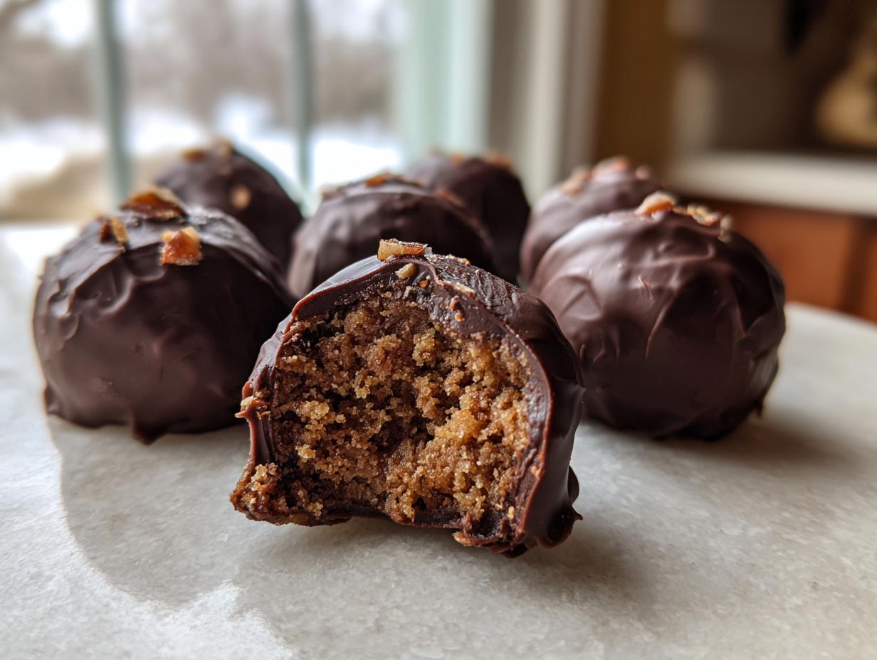 Close-up of chocolate covered pecan pie balls, one bitten to show the crumbly, rich interior.