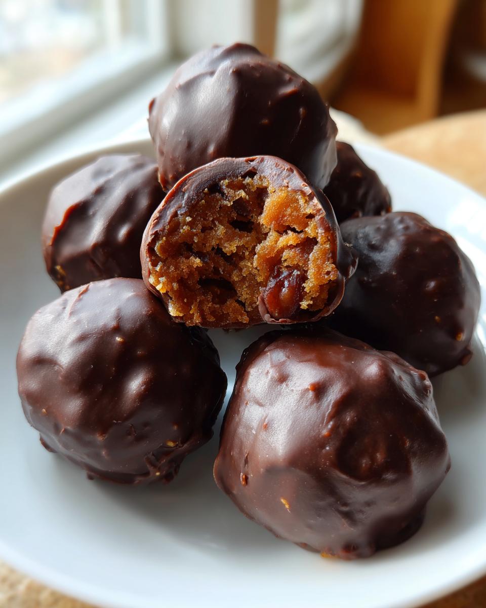 Close-up of chocolate covered pecan pie balls, one cut open showing the gooey, nutty filling inside.