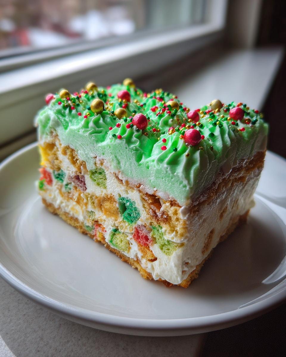 A close-up slice of Christmas Tree Cheesecake featuring layers of colorful cake pieces in a creamy filling, topped with bright green frosting and festive sprinkles.