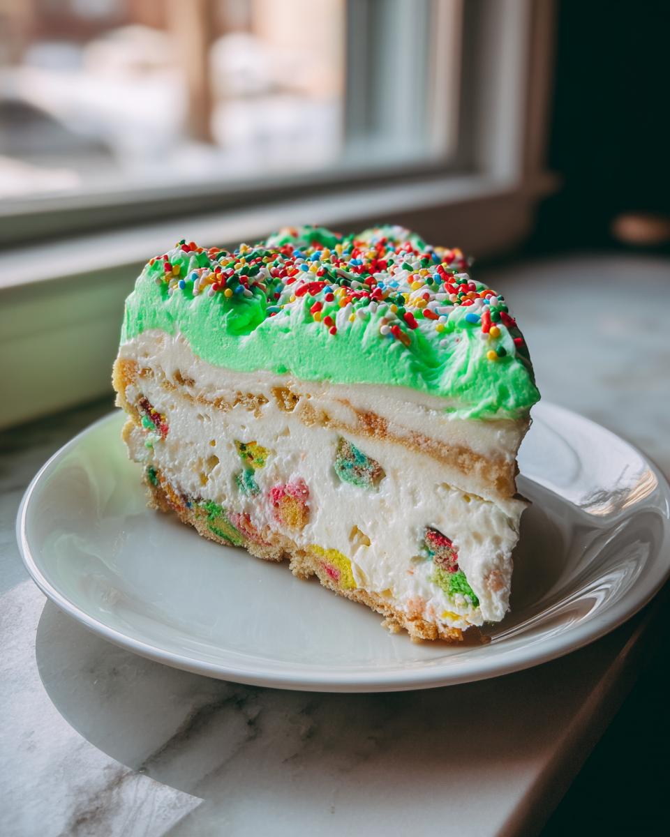 A festive slice of Christmas tree cheesecake featuring a creamy white filling with colorful cereal pieces, topped with bright green frosting and rainbow sprinkles.
